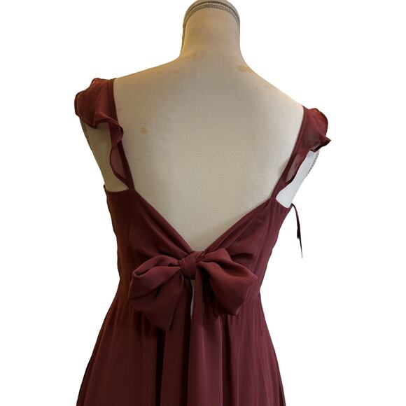 Burgundy Flowing Formal Birdy Gray Gown with Romantic Flouncy Ruffle Sleeve Bow - Picture 6 of 11
